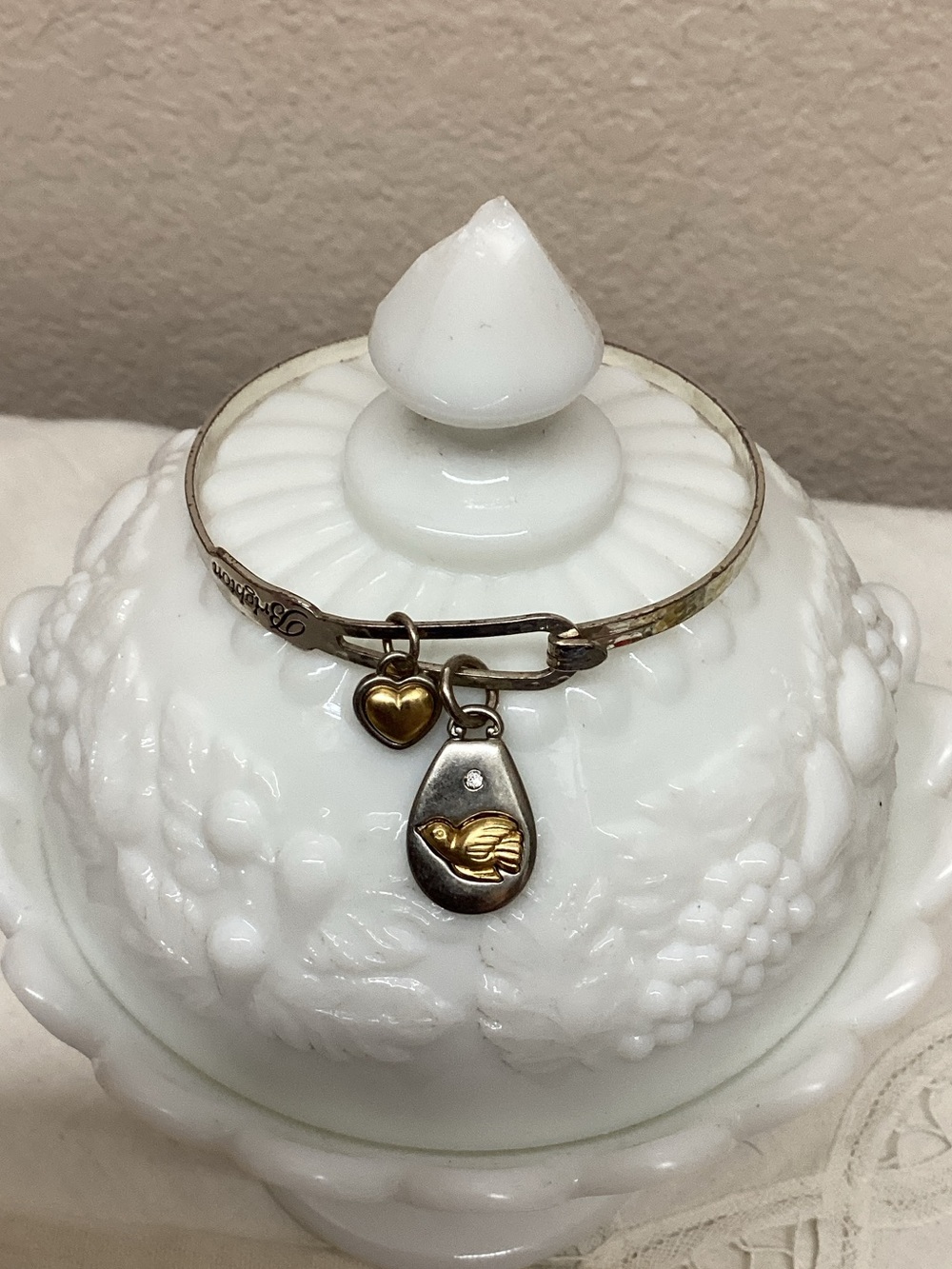Two-Tone Heart & Bird Charm Bangle Bracelet - White and Gold Accent